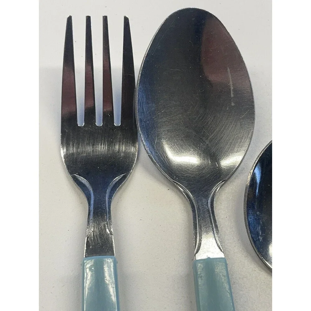 Vintage MCM carve Muffin Style Milky Blue Flatware Fork Spoon Lot Of 5